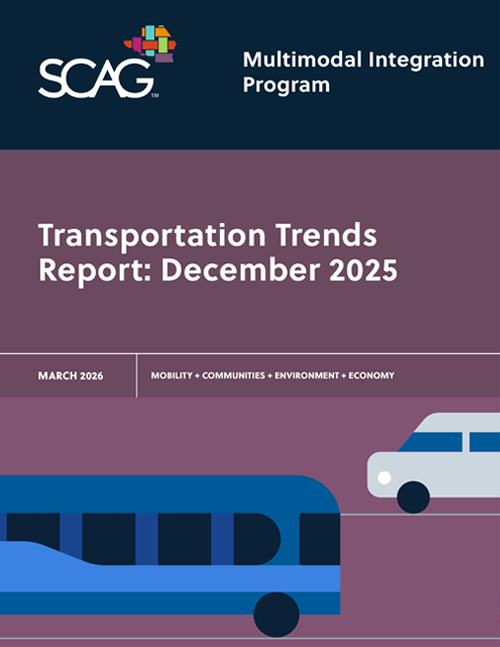 Transportation Trends report cover with blue bus and white car graphics.